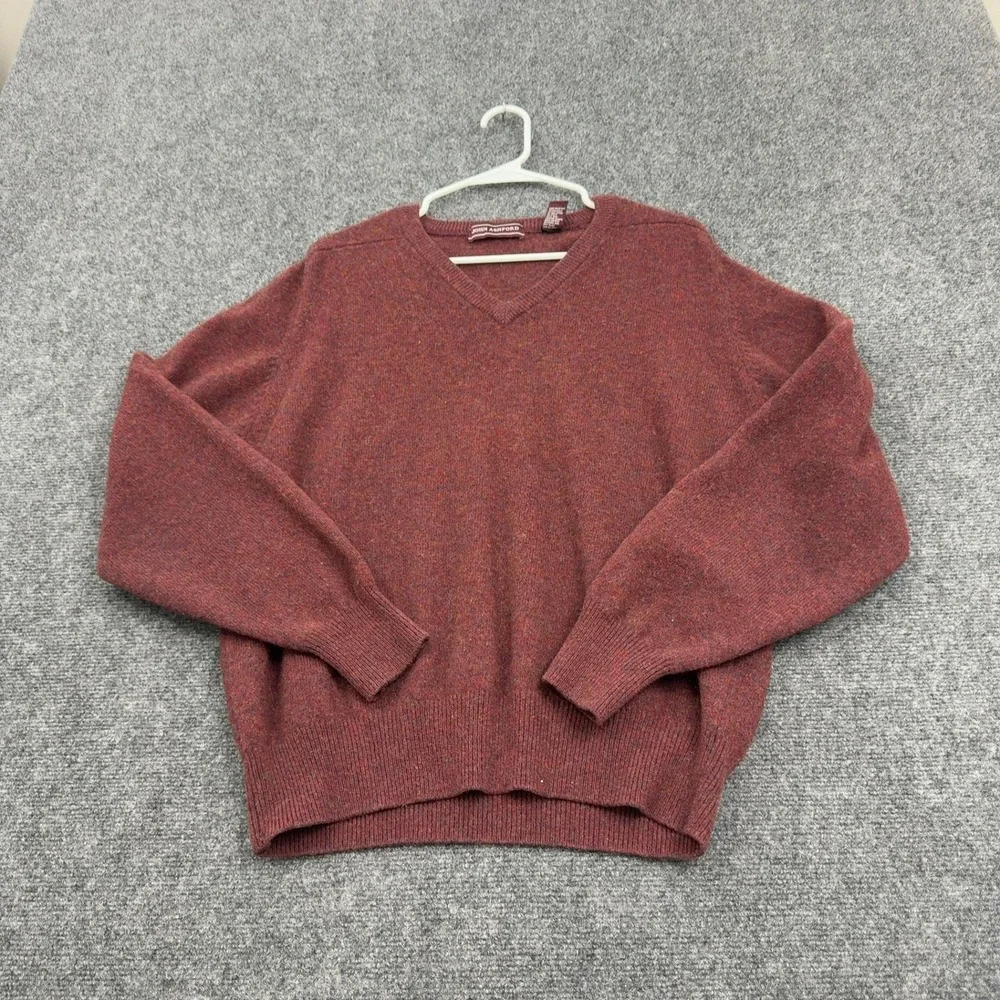 John Ashford Sweater Mens XXL Burgundy Lambswool V Neck Heathered Classic Style